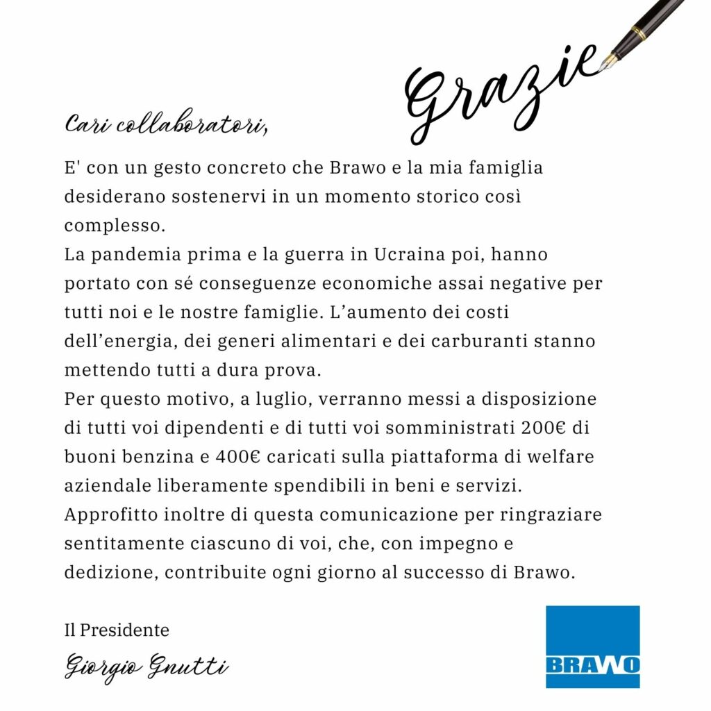 , Brawo S.p.A. &#8211; A truly noble gesture from our President, Giorgio Gnutti.